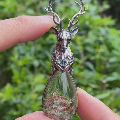 Lodolite Deer Pendant Necklace in Oxidized 925 Silver with Blue Topaz Gothic Totem Fantasy Jewelry Gift for Her Birthday or Yule