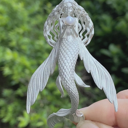 925 Sterling Silver Mermaid Pearl Pendant Necklace Hand-Carved Ocean Fantasy Jewelry |Protection Talisman & Symbol of Love Unique Gift Idea