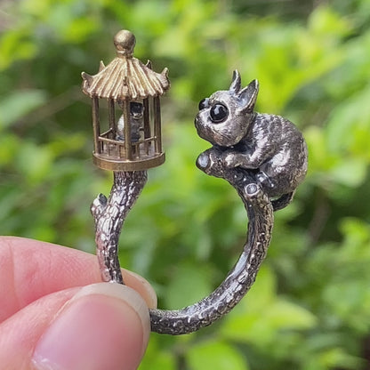 Adjustable Silver Cat Ring with Lantern & Black Onyx Eyes – Handmade Gothic Animal Jewelry, Totem Style Gift for Her, Birthday or Christmas