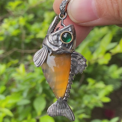 Silver Fish Pendant with Carnelian, Gothic Fantasy Necklace in Sterling Silver, Handmade Animal Jewelry Gift for Her or Him, Birthday