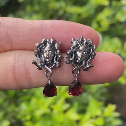Medusa Earrings with Garnet Drop in Oxidized 925 Sterling Silver, Gothic Vintage Jewelry for Women, Christmas Gift Idea