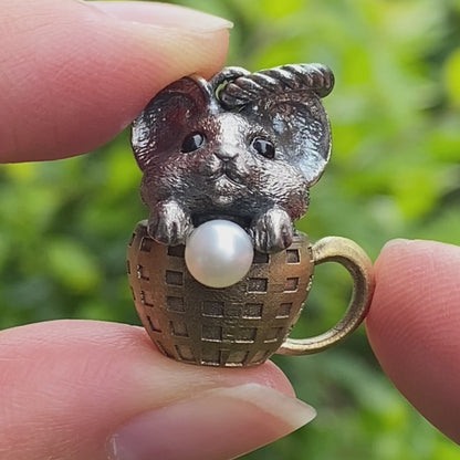 Mouse Pendant in 925 Sterling Silver with Freshwater Pearl, Oxidized Vintage Animal Necklace in Fairy Style, Handmade Jewelry Gift for Her