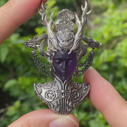 925 Sterling Silver Amethyst Pendant in Symbolic Totem Design, Handmade Gothic Oriental Jewelry, Meaningful Gift Necklace for Her