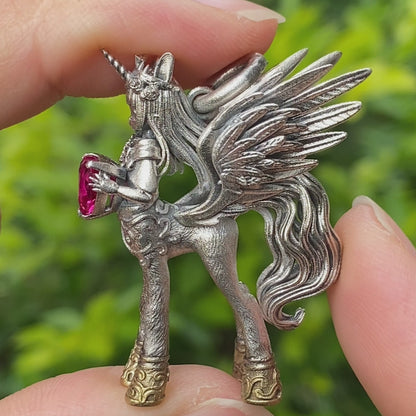 925 Silver Pendant with Unicorn, with Red Synthetic Ruby, Gothic Fantasy Jewelry, Oxidized Silver, Talisman Pendant for Self-Reflection