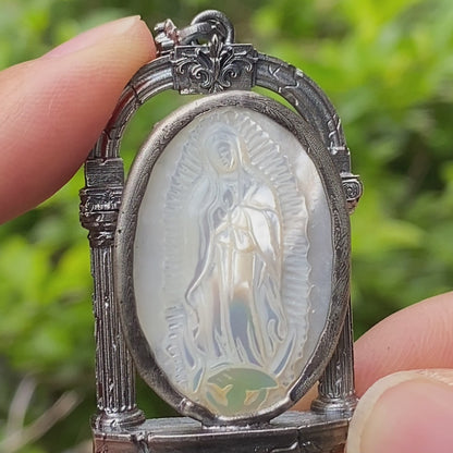 Hand Carved Shell Cameo Pendant in Oxidized 925 Silver, Vintage Style Relief Necklace with Female Figure, Spiritual Gift for Her