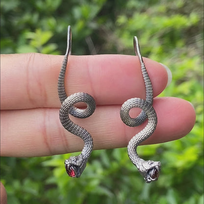 Garnet Earrings Silver Snake Design Gothic Style 925 Sterling Silver Oxidized Hook Handmade Jewelry Gift For Her Birthday Vintage Statement
