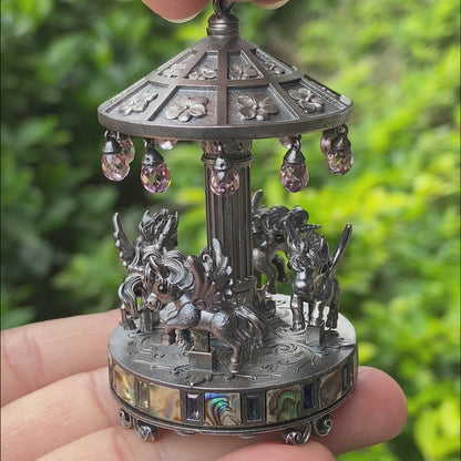 Unique Carousel Figurine in 925 Silver, with Abalone & Pink Crystal, Oxidized, Fairytale Decor, Handmade, Collectible Gift Idea