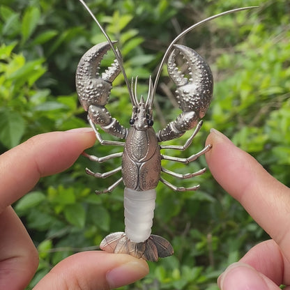 Silver Lobster Pendant with White Quartz, Vintage Totem Necklace in Oxidized 925 Silver, Statement Animal Jewelry Gift for Her or Him