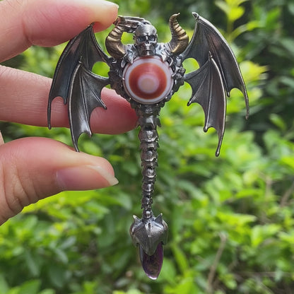 Gothic Totem Pendant | Amethyst Drop & Opal Eye | Handmade 925 Silver & Brass Necklace for Him