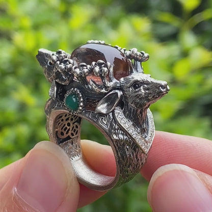 Silver Stag Head Ring with Phantom Quartz, Green Chalcedony & Onyx, Gothic Statement Jewelry, Unisex Gift for Him or Her