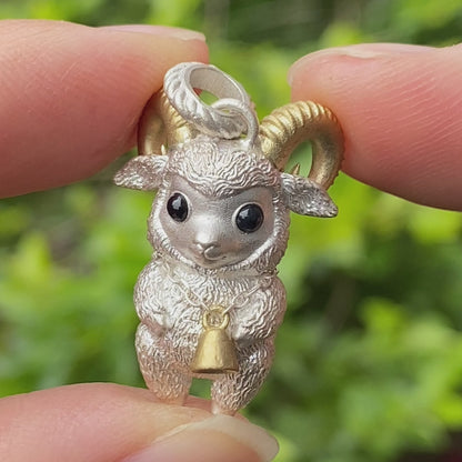 Lamb Pendant in 925 Silver with Onyx Eyes, Fantasy Animal Necklace, Gift for Her or Him, Fairy Jewelry for Birthday or Christmas