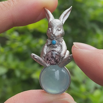 Moon Rabbit Pendant with Red Agate & Ghost Stone | Spring Totem Talisman Jewelry | Fantasy Handmade Forest Bunny Necklace