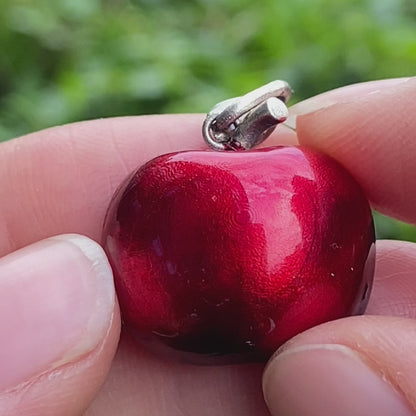 S925 Silver Apple Pendant with Red Enamel and Two Cats Inside, Fairytale Style Talisman Necklace, Symbolic Gift for Her, Christmas Jewelry