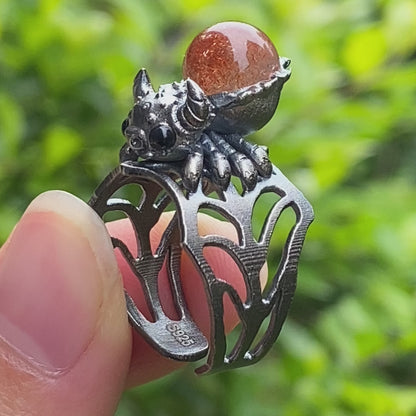 Spider Ring in 925 Silver with Round Sunstone and Black Agate Eyes, Oxidized Vintage Animal Jewelry Ring for Women, Gift Idea