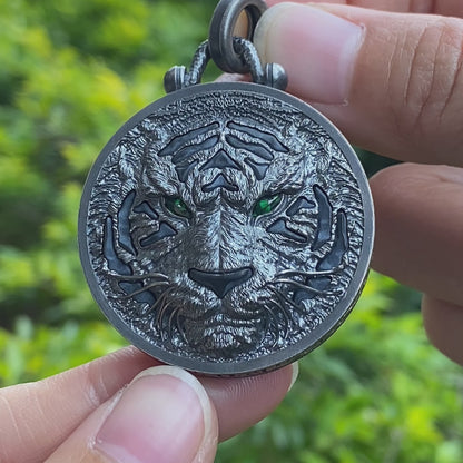 Tiger Head Pendant in 925 Sterling Silver with Black Nephrite, Green Zirconia Eyes and Lapis Lazuli – Gothic Totem Necklace for Men