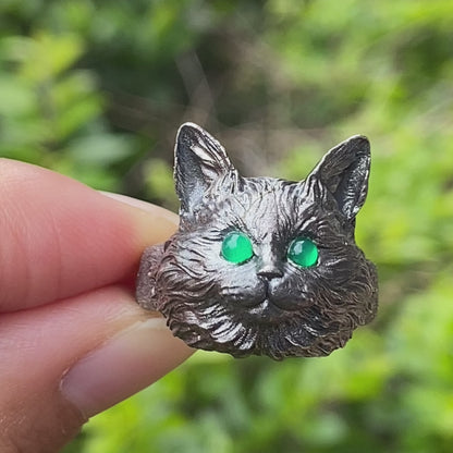Cat Ring with Green Chalcedony – 925 Sterling Silver Jewelry in Gothic Style, Statement Ring for Women, Forest Animal Gift