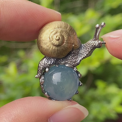 Aquamarine pendant in silver and bronze with snail design, handmade fantasy nature jewelry, animal necklace gift for her or him