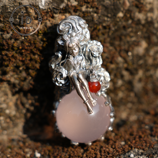 Rose Quartz Pendant with Carnelian Lantern | Sterling Silver Healing Amulet Necklace | Fantasy Wiccan Jewelry Gift for Her Birthday