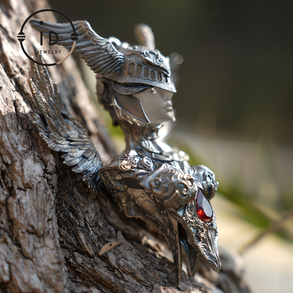 Valkyrie Pendant | 925 Sterling Silver & Garnet | Norse Mythology Amulet | Handmade Viking Necklace