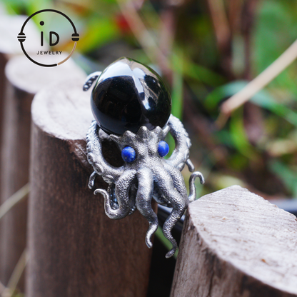 Gothic pendant with black obsidian and lapis lazuli made of 925 silver in totem style for women gift birthday necklace