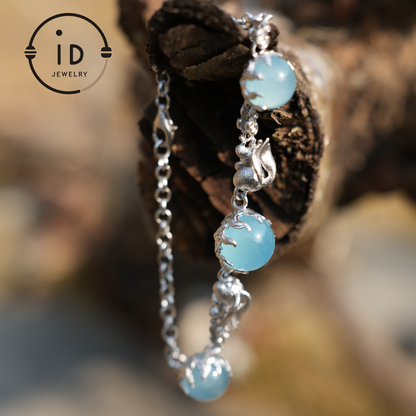 925 Sterling Silver Rabbit Bracelet with Aquamarine – Handcrafted Elegant Jewelry, Perfect Gift for Special Occasions