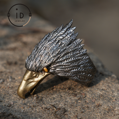Sky Guardian Eagle Ring - 925 Sterling Silver with Tiger's Eye Gemstone, Handcrafted Eagle Design Jewelry