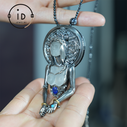 Handmade 925 Sterling Silver Cyber-Gothic Goddess Pendant Necklace | Dark Fantasy Talisman | Feminist Power Symbol | Unique Halloween Gift