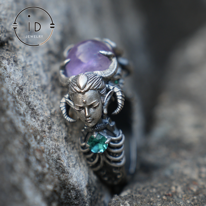 925 Sterling Silver Ring with Amethyst & Aquamarine – Handmade Fantasy Jewelry for Collectors & Enthusiasts