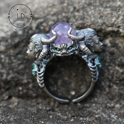925 Sterling Silver Ring with Amethyst & Aquamarine – Handmade Fantasy Jewelry for Collectors & Enthusiasts
