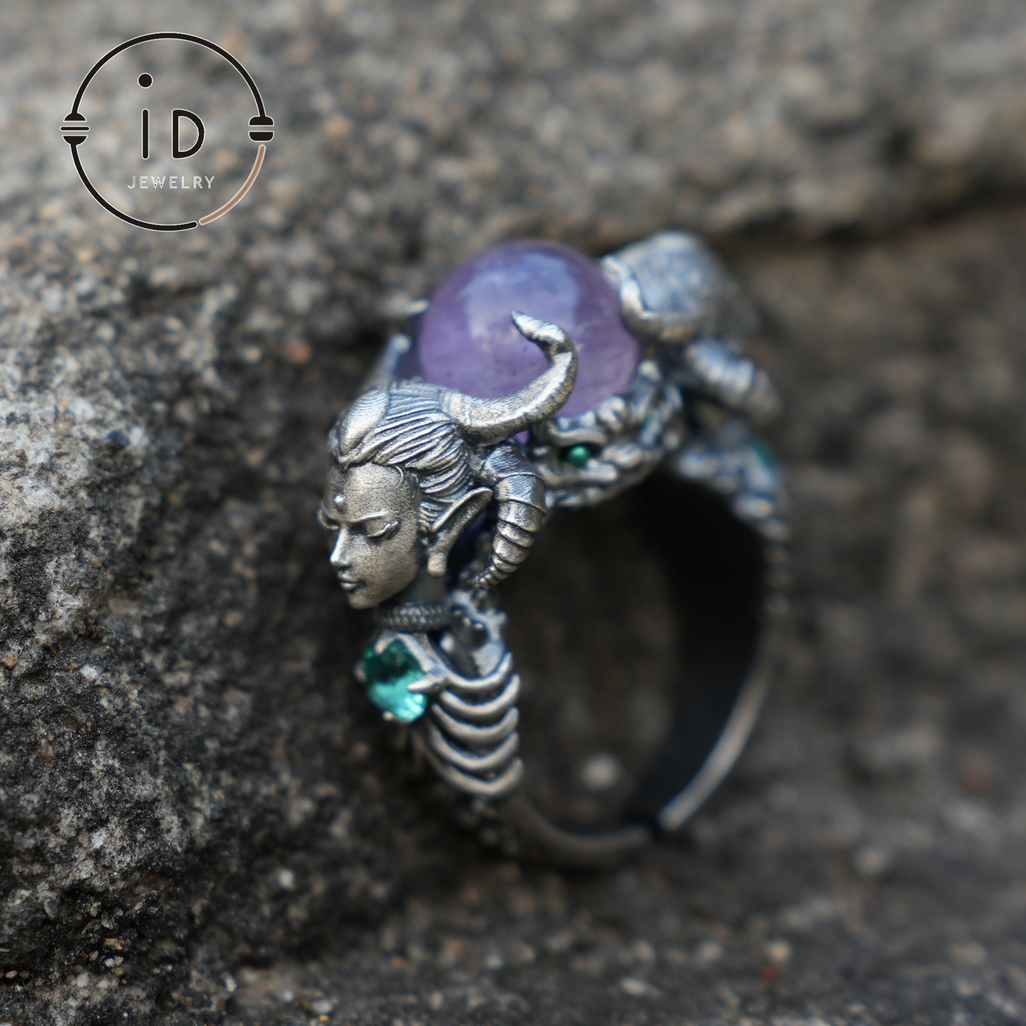 925 Sterling Silver Ring with Amethyst & Aquamarine – Handmade Fantasy Jewelry for Collectors & Enthusiasts