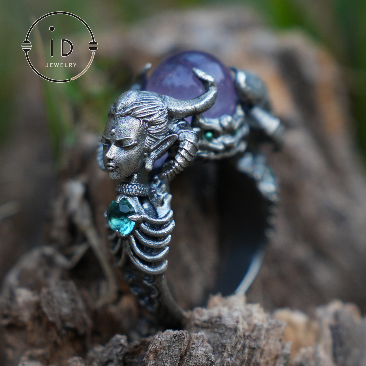 925 Sterling Silver Ring with Amethyst & Aquamarine – Handmade Fantasy Jewelry for Collectors & Enthusiasts