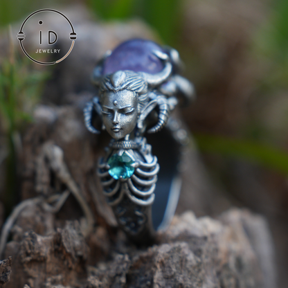 925 Sterling Silver Ring with Amethyst & Aquamarine – Handmade Fantasy Jewelry for Collectors & Enthusiasts