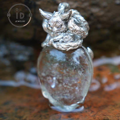 Fox Spirit Crystal Pendant, Handcrafted 925 Sterling Silver Jewelry with phantom quartz, Unique Fantasy Pendant, Perfect Gift for Special Occasions