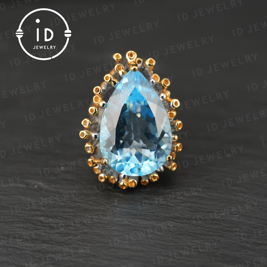 Handmade blue topaz ring| unique teardrop gemstone| vintage silver ring with gold accents| boho jewelry| statement gemstone ring