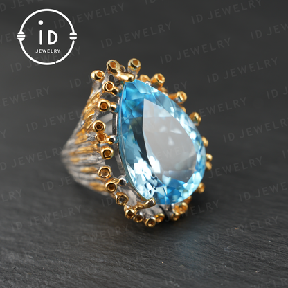 Handmade blue topaz ring| unique teardrop gemstone| vintage silver ring with gold accents| boho jewelry| statement gemstone ring