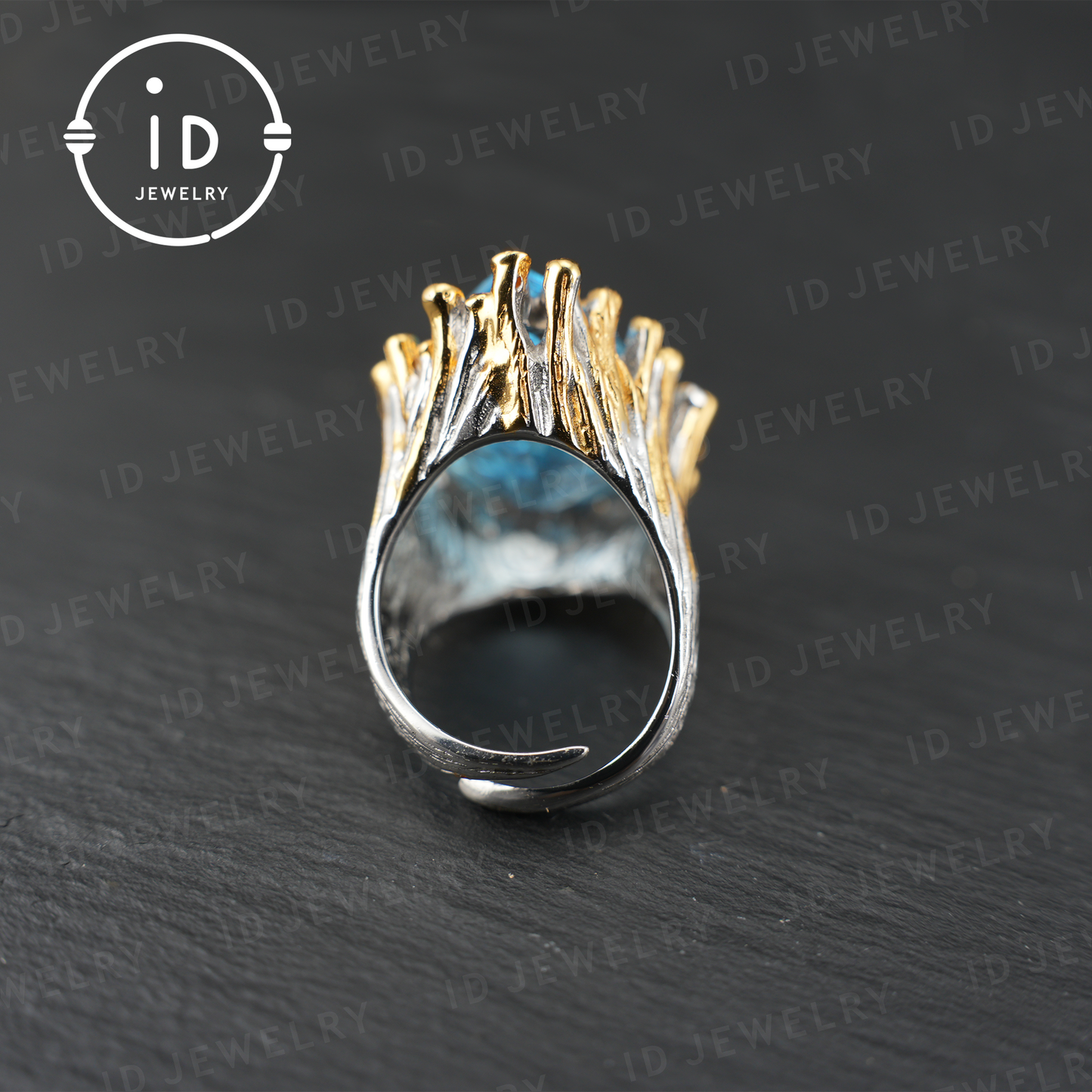 Handmade blue topaz ring| unique teardrop gemstone| vintage silver ring with gold accents| boho jewelry| statement gemstone ring