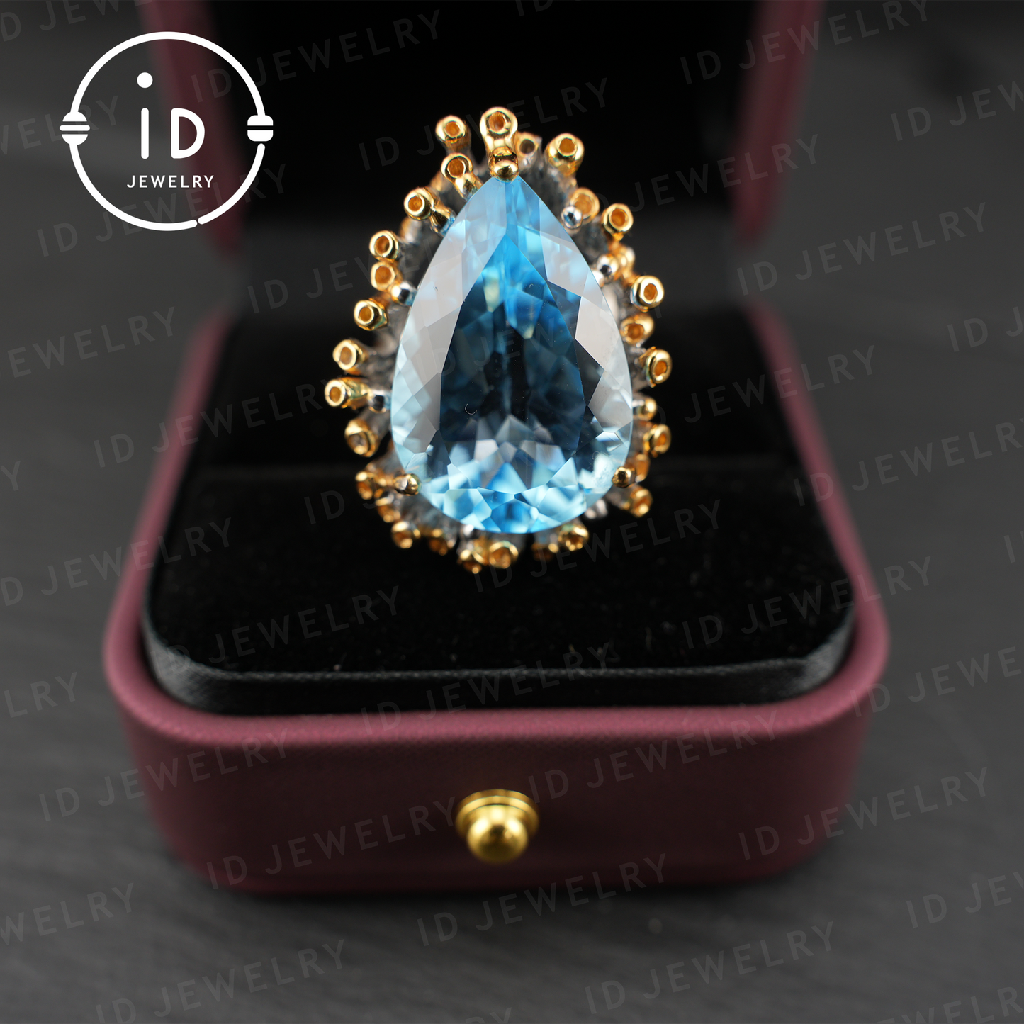 Handmade blue topaz ring| unique teardrop gemstone| vintage silver ring with gold accents| boho jewelry| statement gemstone ring