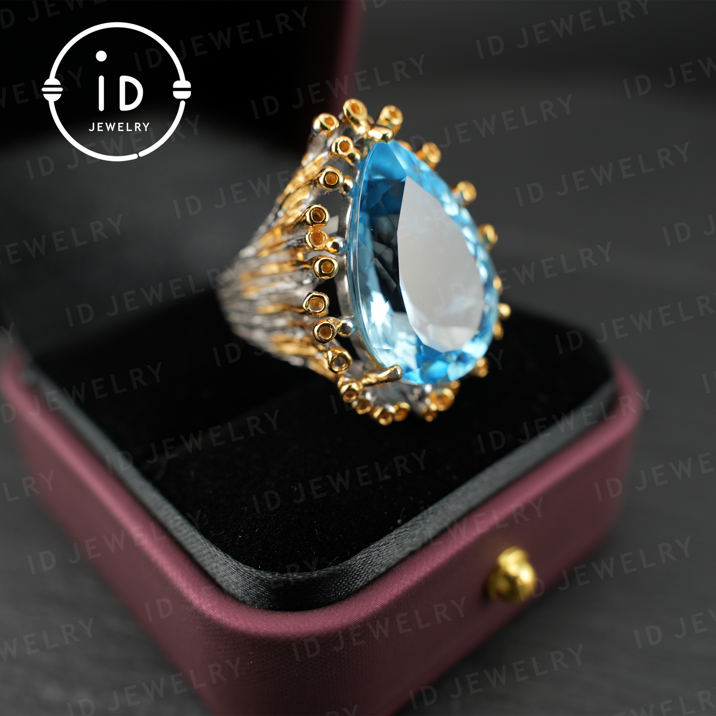 Handmade blue topaz ring| unique teardrop gemstone| vintage silver ring with gold accents| boho jewelry| statement gemstone ring