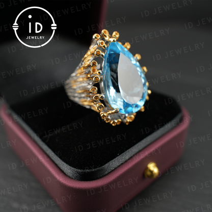 Handmade blue topaz ring| unique teardrop gemstone| vintage silver ring with gold accents| boho jewelry| statement gemstone ring