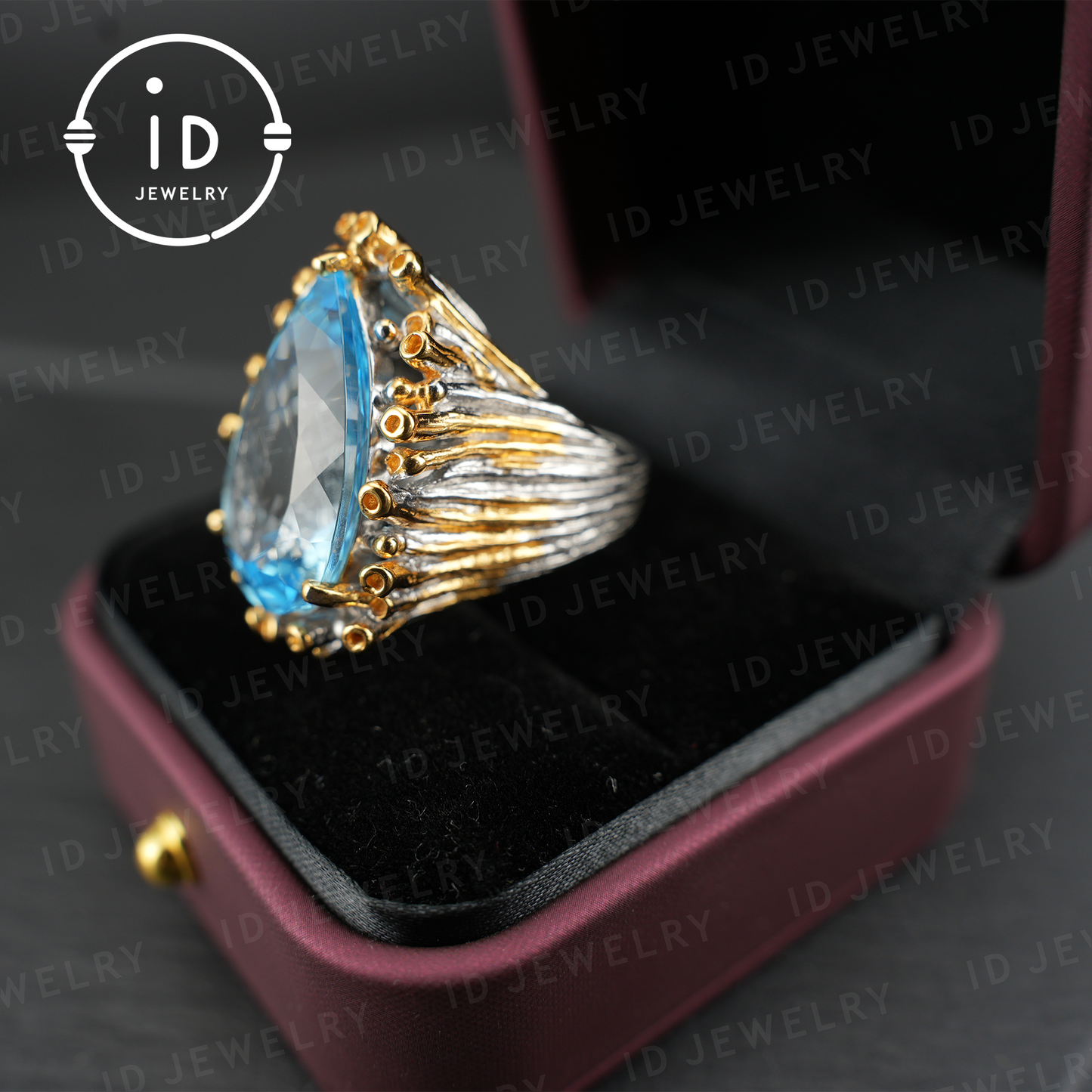 Handmade blue topaz ring| unique teardrop gemstone| vintage silver ring with gold accents| boho jewelry| statement gemstone ring