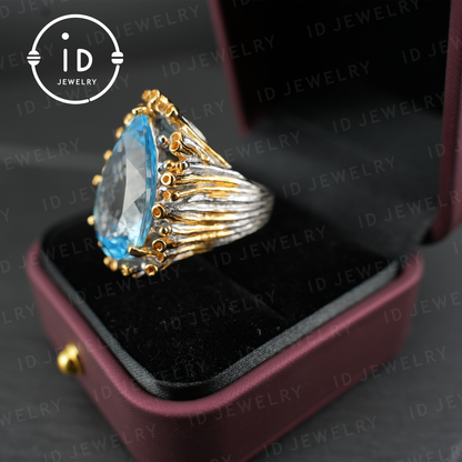 Handmade blue topaz ring| unique teardrop gemstone| vintage silver ring with gold accents| boho jewelry| statement gemstone ring
