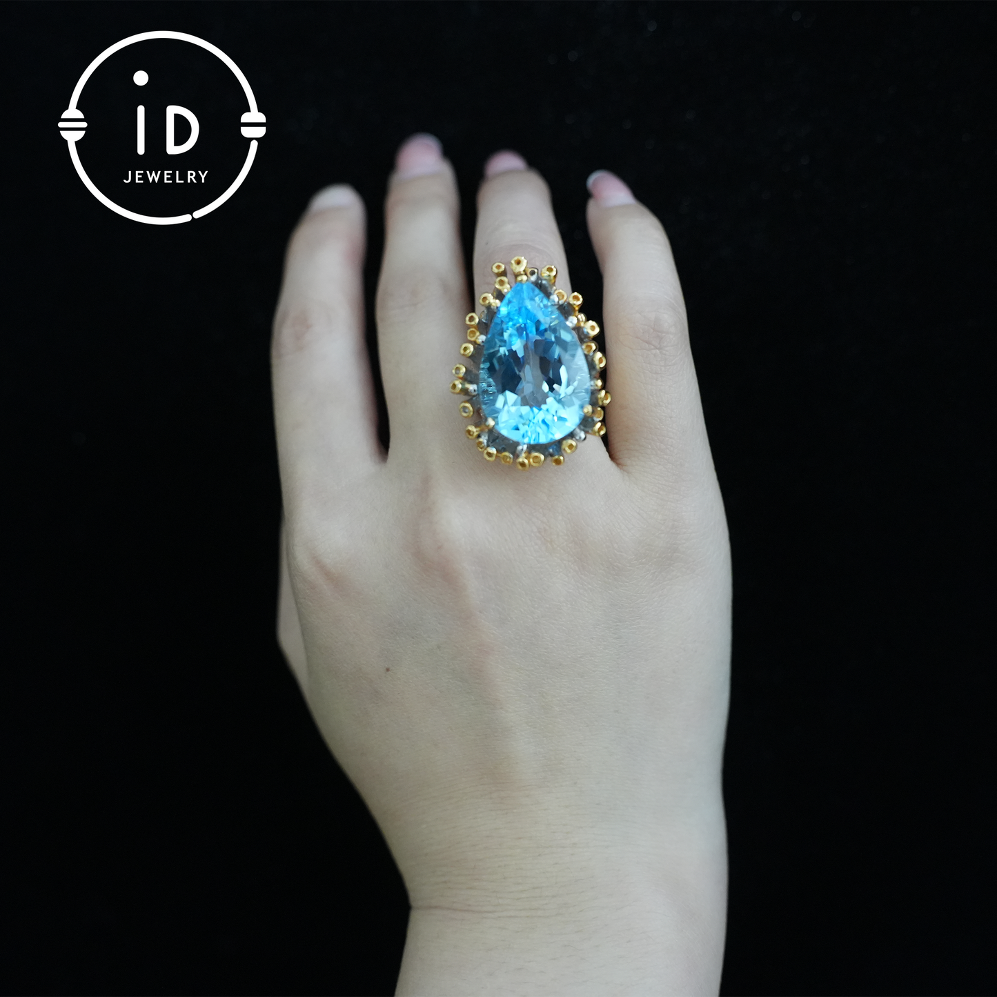 Handmade blue topaz ring| unique teardrop gemstone| vintage silver ring with gold accents| boho jewelry| statement gemstone ring