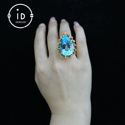 Handmade blue topaz ring| unique teardrop gemstone| vintage silver ring with gold accents| boho jewelry| statement gemstone ring