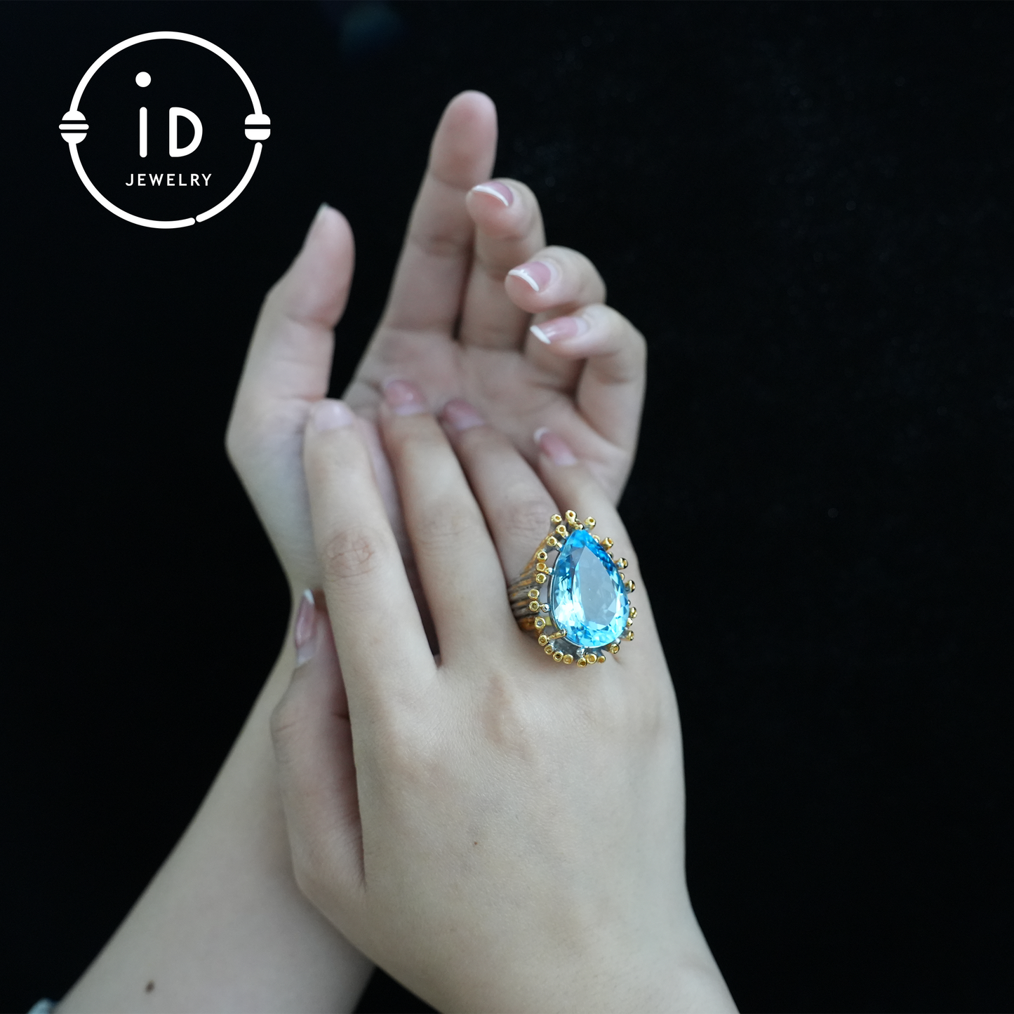 Handmade blue topaz ring| unique teardrop gemstone| vintage silver ring with gold accents| boho jewelry| statement gemstone ring