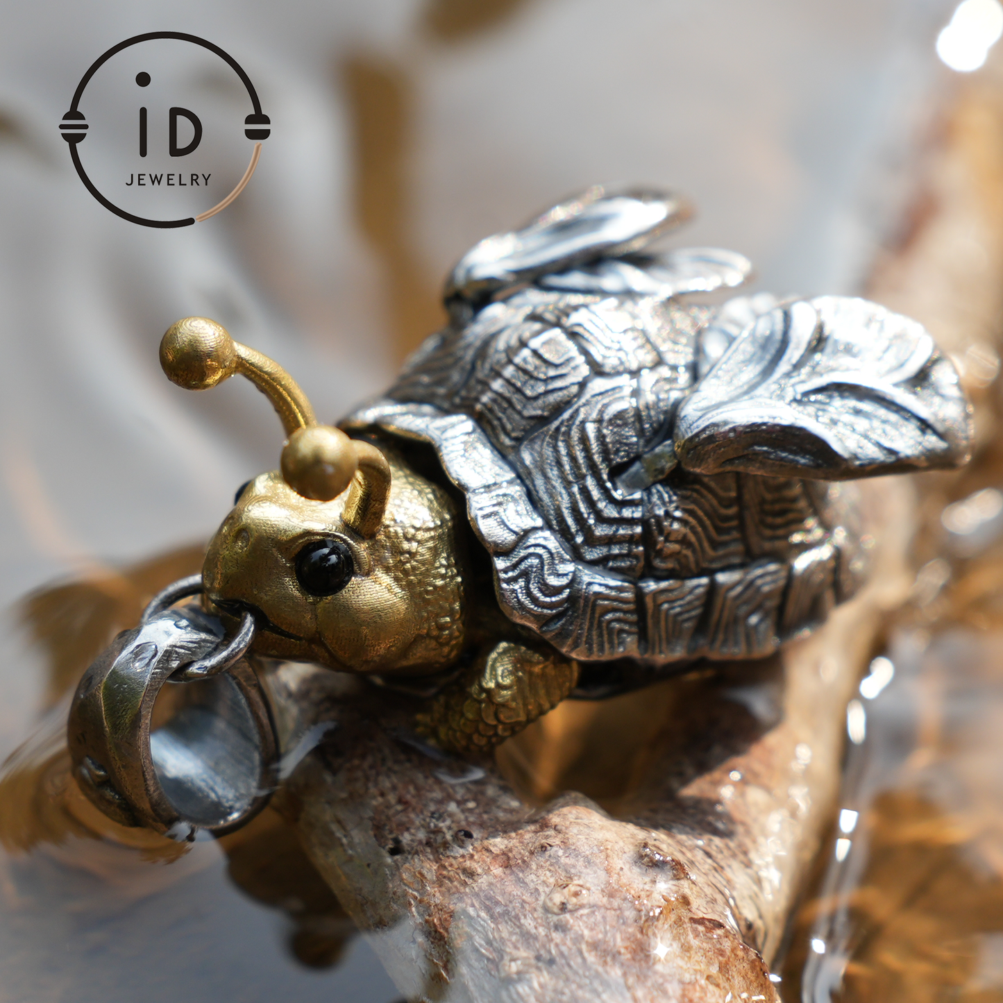 Flying Turtle Pendant · Handmade Fantasy Jewelry in Silver & Brass · Animal Amulet Gift for Nature Lovers and Whimsical Souls