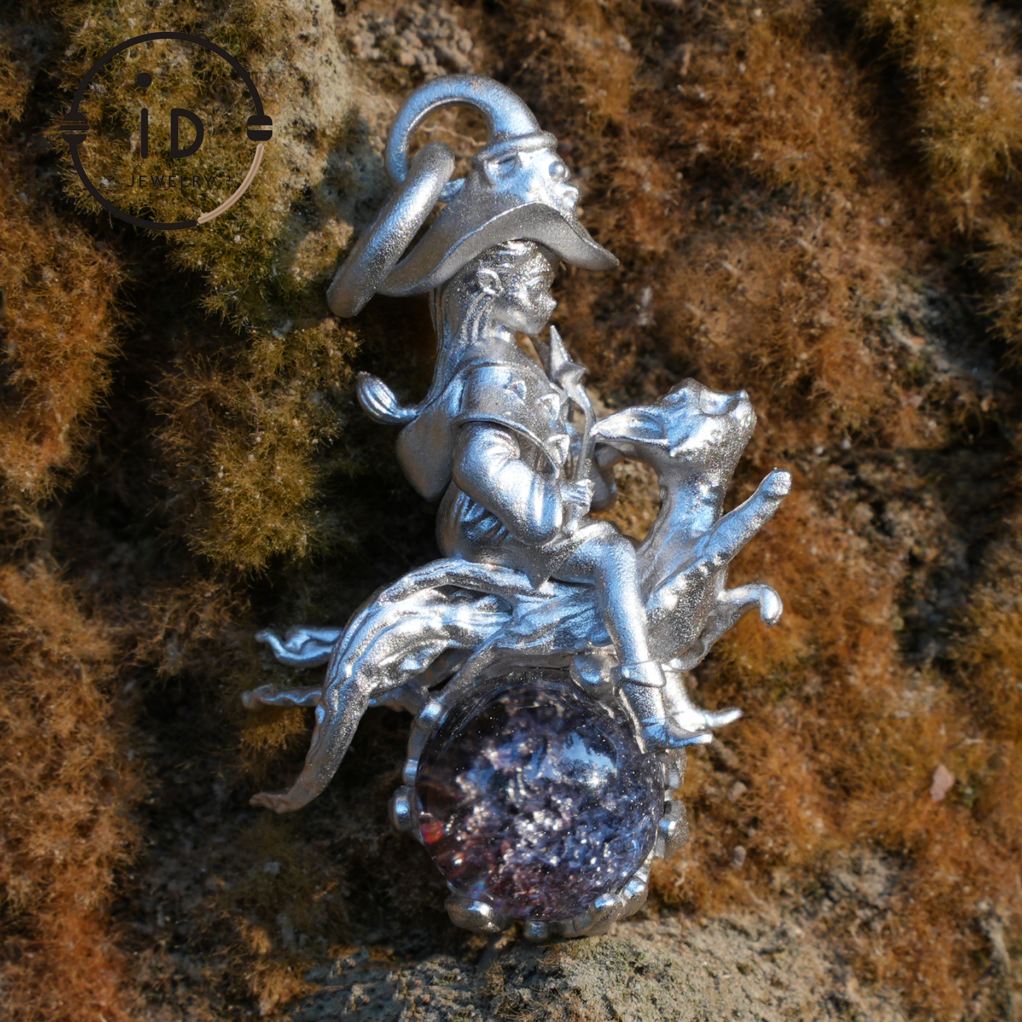 925 Silver Witch Riding Cat Pendant with phantom quartz – Unique Fantasy Jewelry for Collectors & Fans