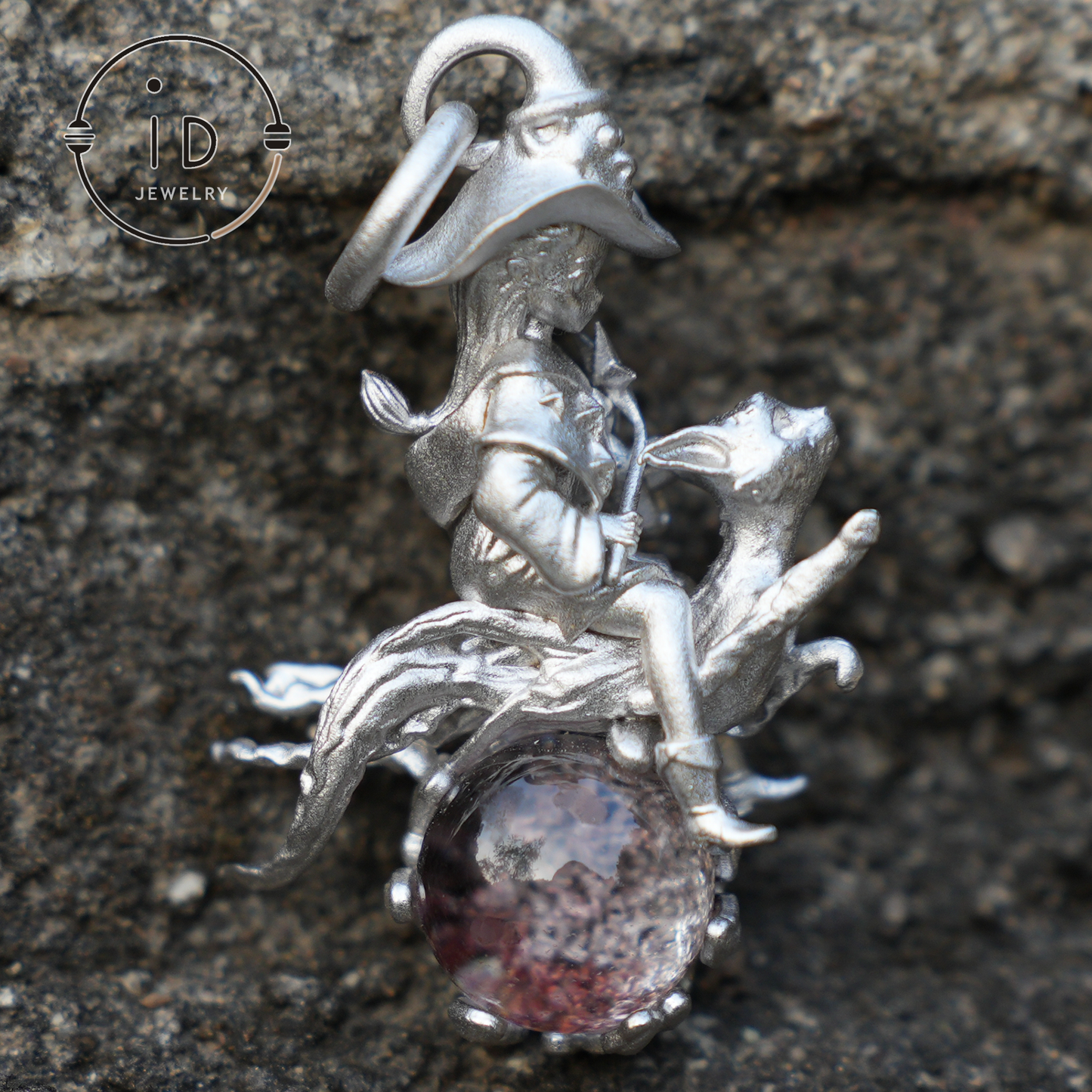 925 Silver Witch Riding Cat Pendant with phantom quartz – Unique Fantasy Jewelry for Collectors & Fans