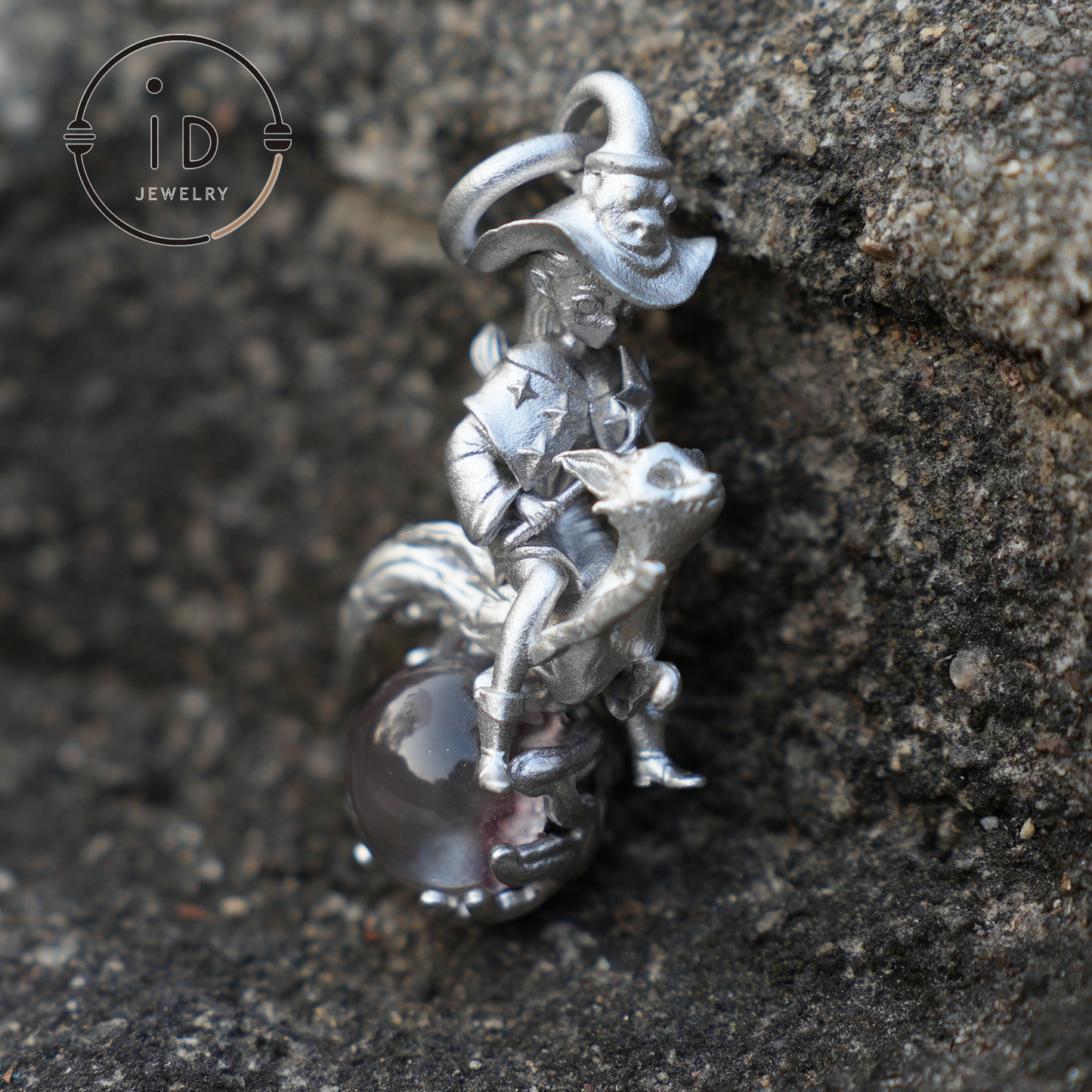 925 Silver Witch Riding Cat Pendant with phantom quartz – Unique Fantasy Jewelry for Collectors & Fans
