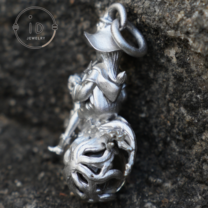 925 Silver Witch Riding Cat Pendant with phantom quartz – Unique Fantasy Jewelry for Collectors & Fans