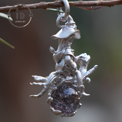 925 Silver Witch Riding Cat Pendant with phantom quartz – Unique Fantasy Jewelry for Collectors & Fans